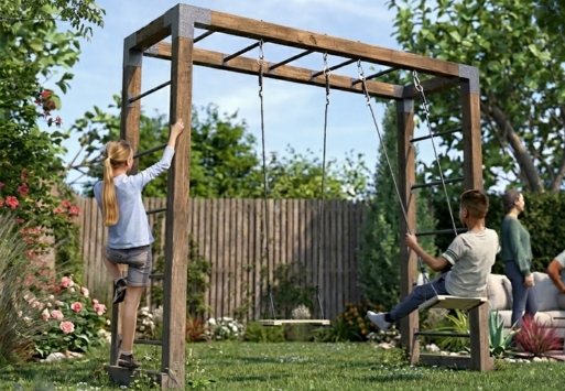 Hector, portique sportif Soulet avec barreaux 360° et balançoires amovibles